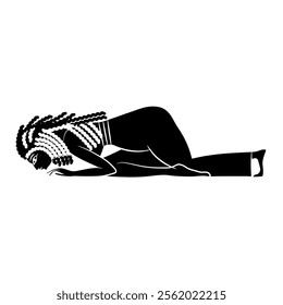 Prostrated ancient Egyptian girl. Ethnic design. Prostration pose. Black and white silhouette.