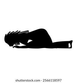 Prostrated ancient Egyptian woman. Ethnic design. Prostration pose. Hand drawn linear doodle rough sketch. Black silhouette on white background.