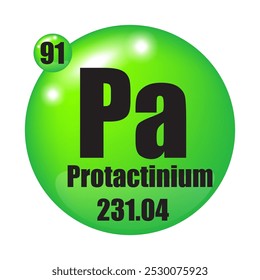 Ícone do Protactinium. Pa elemento químico. Número atômico 91. Massa 231,04. Esfera verde.