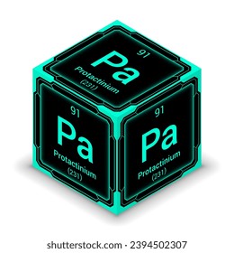 Protactinium (Pa) (091) - Fundamental Element Futuristic Cybernetic Cube Block Isometric View, Icon Isolated White Background, Periodic Table, Chemical Symbol, Name, Atomic Mass, Atomic Number