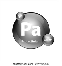 Protactinium (Pa) chemical element Icon structure round shape circle grey, silver, black easily. Periodic table Sign with atomic number. Study in science for education. 3D Illustration vector.
