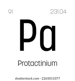 Protactinio, Pa, elemento de tabla periódica con nombre, símbolo, número atómico y peso. Elemento radiactivo sintético con usos potenciales en investigación científica y energía nuclear.