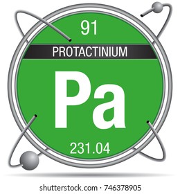 Protactinium symbol  inside a metal ring with colored background and spheres orbiting around.  Element number 91 of the Periodic Table of the Elements - Chemistry 