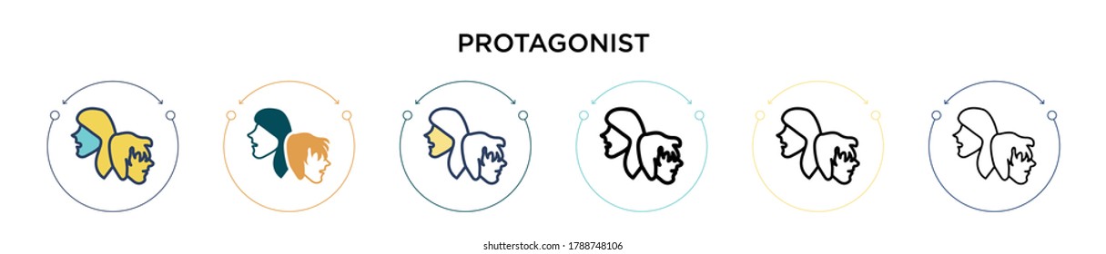 Icono protagonista en el estilo relleno, delgado, contorno y trazo. Ilustración vectorial de dos iconos vectoriales coloreados y negros se pueden utilizar para móviles, ui, web