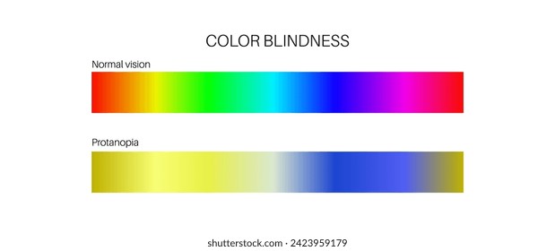 Protanopia vision, color blindness infographic. Human vision deficiency concept. Difference between colors, brightness and intensity of shades. Eye abnormality flat vector illustration