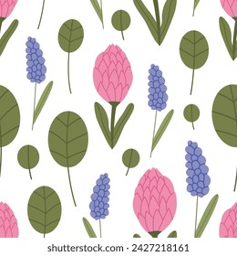 Protea Artischocke und Blätter nahtlose Muster.Botanische Muster. Konzept für Tapeten, Textilien, Stoff, Verpackungs- oder Scrapbooking Papier, Hochzeitspapier, Oberflächengestaltung.