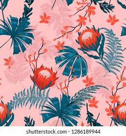 Protea Floral pattern in the many kind of flowers.Beautiful Tropical botanical Seamless vector texture. Printing with in hand drawn style on summer pink background