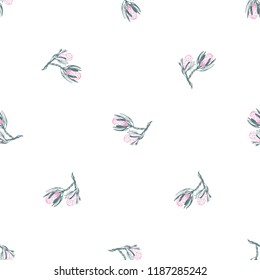 Protea flower branch pattern. Floral seamless background for fabric design. Cute and beautiful watercolor vector illustration on white backdrop.