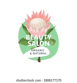 Protea flower logo vector design. Badge organic design. Nature eco logo with floral element in cartoon style, logotype concept - frame with copy space for text - emblem for fashion, beauty, cosmetic. 