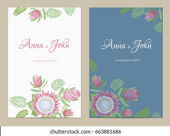 Protea flower save the date greeting card. Pink tropical floral arrangement template background. Wedding embroidery texture vector illustration art