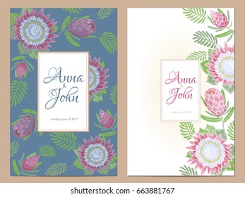 Protea flower save the date greeting card. Pink tropical floral arrangement template background. Wedding embroidery texture vector illustration art
