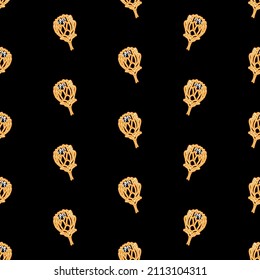 protea flower seamless pattern, bright vector illustration on black background.