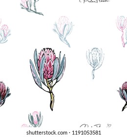Protea flower seamless pattern. South Africa flowers background for fabric design. Vector watercolor illustration of protea flowers and branches and positive motivation quotes on white backdrop.