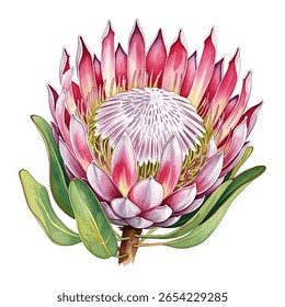 Protea flor impressionante aquarela-estilo ilustração vetor em tons de rosa, vermelho e branco, cercado por folhas verdes exuberantes.