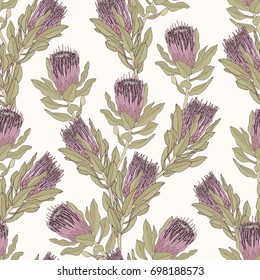 Protea flower vector illustration in mauve and green. Seamless pattern design on a white background.