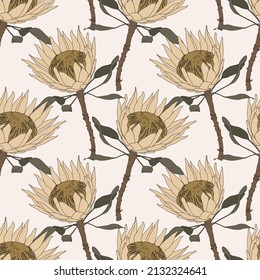 Protea flower vector seamless pattern design. Trendy for prints, fabric, invitation cards, wedding decoration, wallpapers, wall murals, home decor, background, textile print and interior decor.