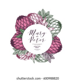 Protea flower wedding invitation template. Vintage flower greeting card. Vector illustration