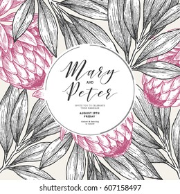 Protea flower wedding invitation. Vintage floral design template. Vector illustration