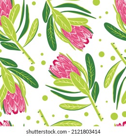 Protea flowers pattern. Seamless floral background. Repeating botanical print with blooms for wallpaper and wrapping. Delicate flora texture. Colored flat vector illustration