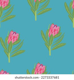 Protea flowers pattern. Seamless floral background. Repeating botanical print with blooms for wallpaper and wrapping. Delicate flora texture. Colored flat vector illustration
