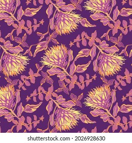 Protea flowers, seamless pattern. Trendy, exotic background. Vector illustration. Suitable for design of fabric, linen, shawls, packaging, scrapbooks, wrapping paper, wallpaper