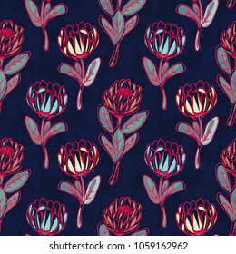 Protea hand drawn seamless vector pattern. Floral repeat background.