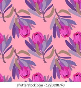 Protea deja patternon morado fondo. Motivos sin inconvenientes para envoltura, papel pintado, tela, impresión de decoración. Ilustración del vector