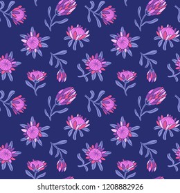 Protea pattern. Floral seamless background for fabric design with exotic flowers. Cute and beautiful vector hand drawn illustration.