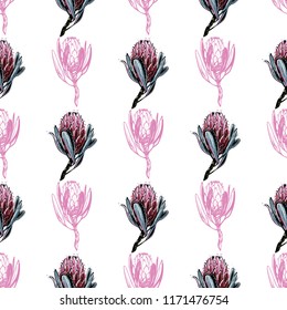 Protea pattern with pink outline and watercolor flower. Seamless background for fabric design. Cute and beautiful floral watercolor vector illustration on white backdrop.