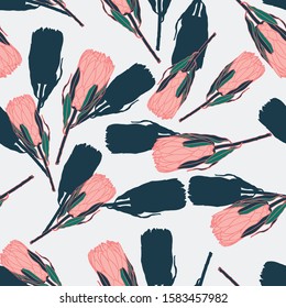 Protea seamless pattern. Linear sketchy style flower elements. Fabric textile design. Vector illustration. Vintage background.
