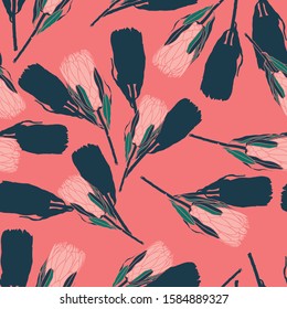 Protea seamless pattern. Linear sketchy style flower elements. Fabric textile design. Vector illustration. Vintage background.