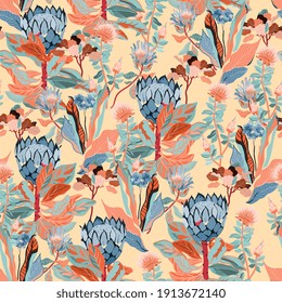 Protea seamless vector pattern. Tropical jungle exotic flowers. Blue, orange, beige color background. Square design for fabric, wallpaper, wrapping paper, invitation card.