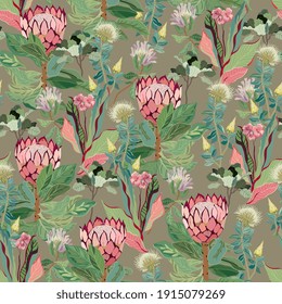 Protea seamless vector pattern. Tropical jungle exotic pink flowers, green leaves on grey background. Square design for fabric, wallpaper, wrapping paper, invitation card.