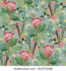 Protea seamless vector pattern. Tropical jungle exotic flowers. Pink, green color background. Square design for fabric, wallpaper, wrapping paper, invitation card.