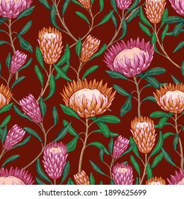 Protea tropical flowers. Hand drawn vector seamless pattern. Wallpaper with exotic plants. Vintage botanical ornament on red background. Colorful design for print, card, decor, wrap, fabric, textile.