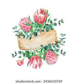 Acuarela protea, rama de eucalipto, banner para texto. Ilustración vectorial de flores rosas. Tarjetas, invitaciones de boda, banners, etiquetas, volantes.