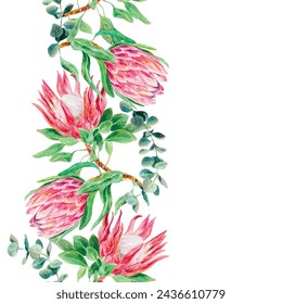 Acuarela Protea, rama de eucalipto, borde transparente, vertical. Ilustración vectorial de flores rosas. Tarjetas, invitaciones de boda, banners, etiquetas.