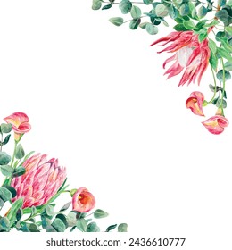 Acuarela Protea, ramas de eucalipto, azucenas, marco. Ilustración vectorial de flores rosas. Tarjetas, invitaciones de boda, banners, portadas, etiquetas.