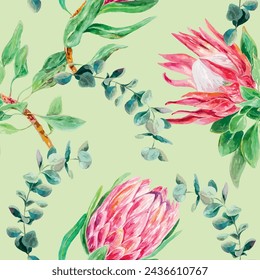 Protea watercolor, eucalyptus pattern. Vector illustration of pink flowers. Design for wrapping paper, textile, wallpaper, fabric, cover, scrapbooking