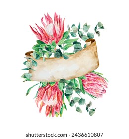 Acuarela Protea, ramitas de eucalipto, banner para texto. Ilustración vectorial de flores rosas. Tarjetas, invitaciones de boda, banners, cubiertas, etiquetas, volantes