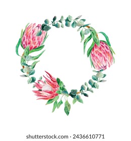 Protea watercolor wreath. Vector illustration of a bouquet of pink flowers. Design element for cards, wedding invitations, banners, covers, labels.