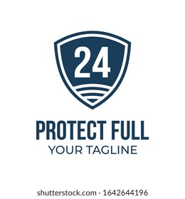 Protect 24 hours vector logo, shield, security design template.