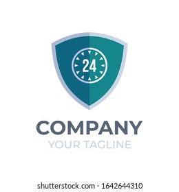Protect 24 hours vector logo, shield, security design template.
