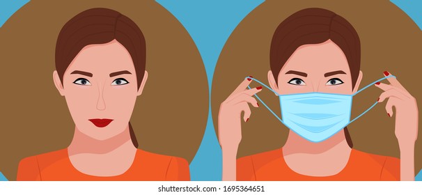 To protect against viruses and various environmental pollutants entering the respiratory system, a woman puts a mask on her face.