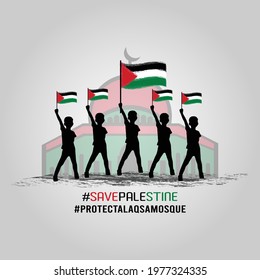 Protect Al Aqsa Mosque, Save Palestine, Lot Of Boys Holding Palestine Flag On Their Hand Vector illustration For T Shirt, Social Media Banner Template