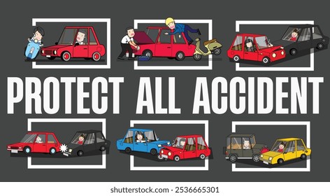 Protect All Accidents: Illustration of car accident, protect insurance concept