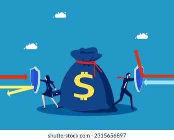 Protect assets or interests. Businessman team holding shield to protect money bag vector