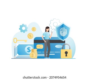 Protect banking data of debit, credit cards, finance, cash, stacks of gold coins, money on internet with padlock, shield, fingerprint. Woman with online banking app. Access key to log into account.