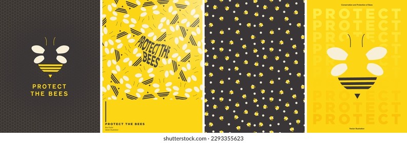 Protect The Bees Concept Poster Templates. Modern and cute bee silhouette and bee with floral patterns on yellow and dark backgrounds. Editable Vector Illustration. EPS 10.