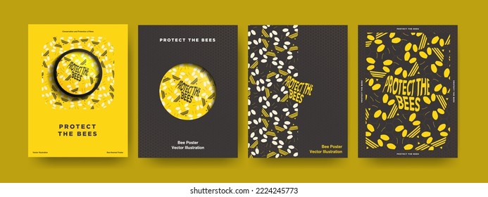 Protect The Bees Concept Posters. Minimalist design on dark and honeycomb backgrounds. Editable with copy space. For posters, cards, covers, leaflets, flyers, brochures, documents. EPS 10.